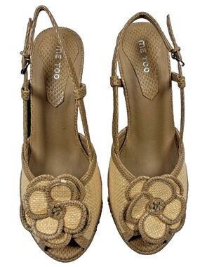 VTG Y2K Sandals Sz 7 Tan Raffia Peep Toe Slingback Wedge Me Too Flower Cottageco